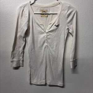 Women's Hollister White Ribbed 3/4 Sleeve Tee S Y2K